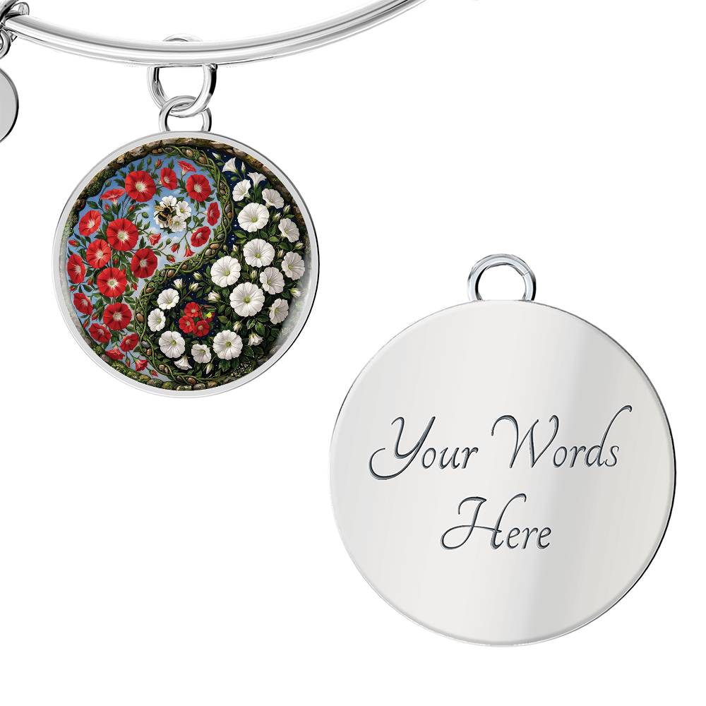 Red and White Morning Glory Yin Yang Bracelet - September Birth Month Flower Pendant Jewelry