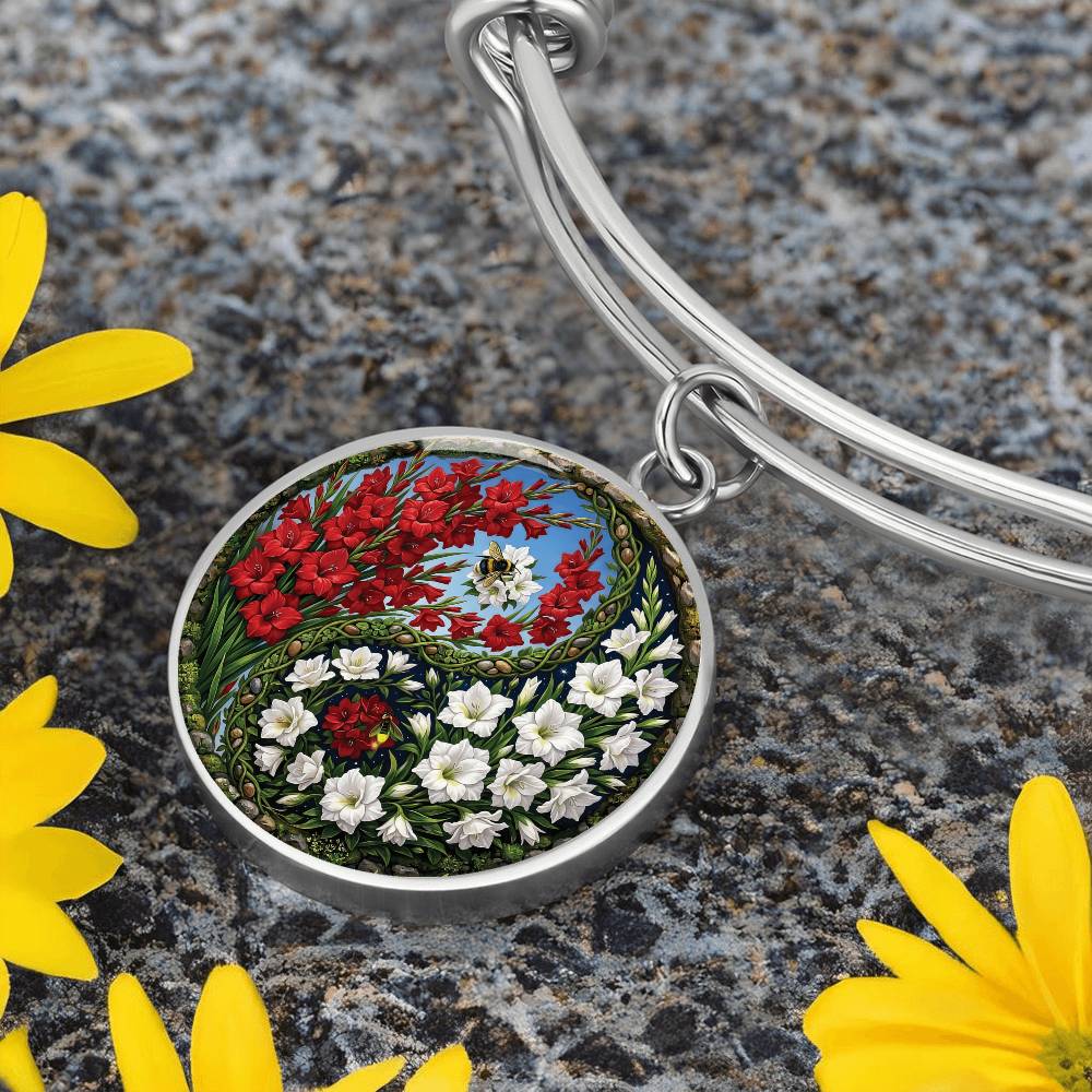 Gladiolus Yin Yang Bracelet - August Birth Month Flower Pendant Jewelry