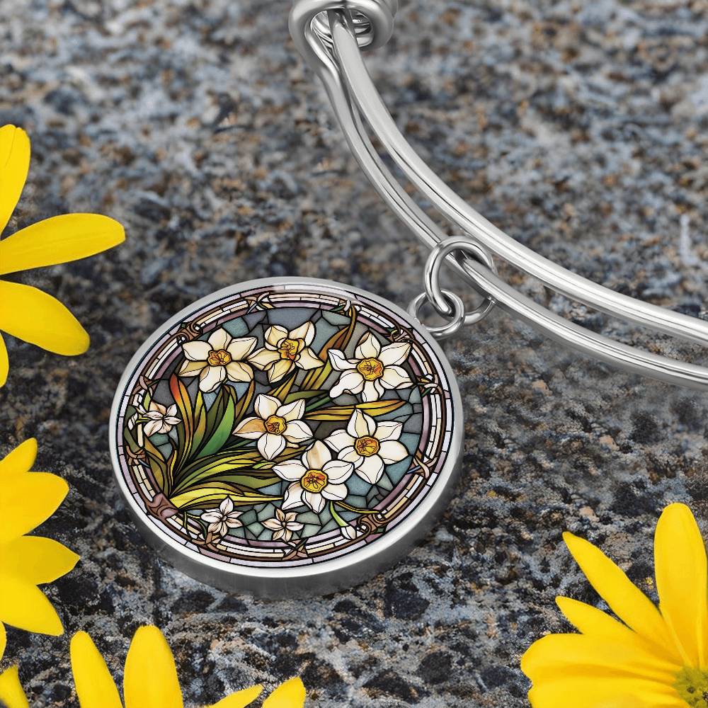 Jonquil Bracelet, Personalized March Birth Month Flower Jewelry, Engraved Gold Floral Charm Pendant Valentines & Mothers Day Gift For Her