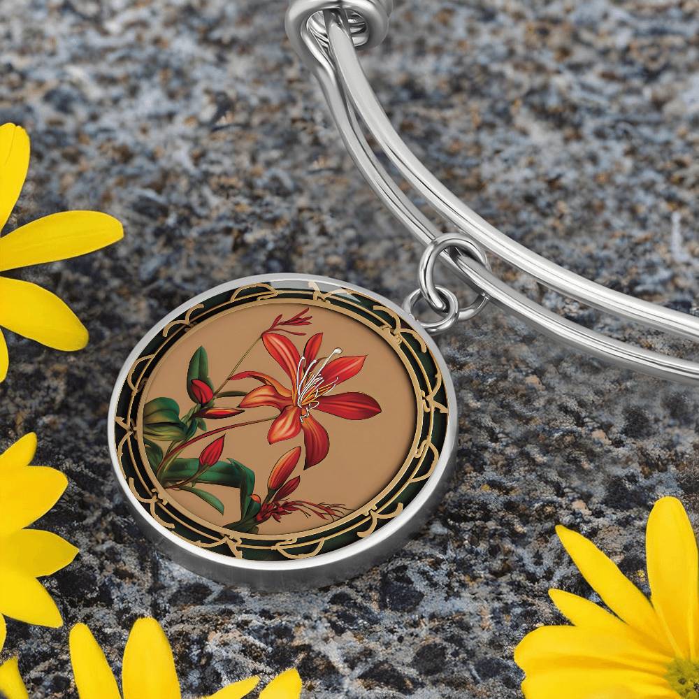 Elegant silver pendant Honeysuckle Bracelet, Junes birth month flower, Colors are Tan, Red, Green and black. This necklace offers personalization with an engraving option for a name.