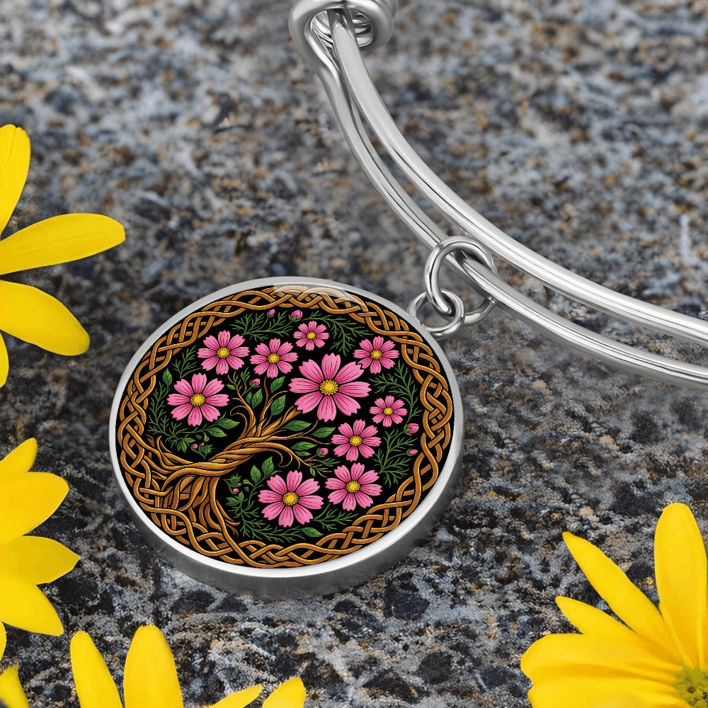 Celtic Tree of Life Pendant Bracelet - Cosmos October Birth Flower Jewelry