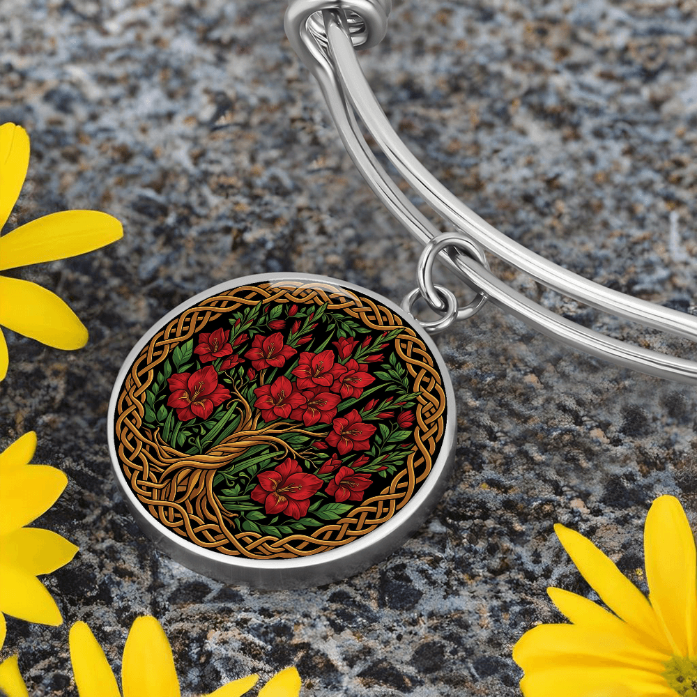 Celtic Tree of Life Pendant Bracelet - Gladiolus August Birth Flower Jewelry