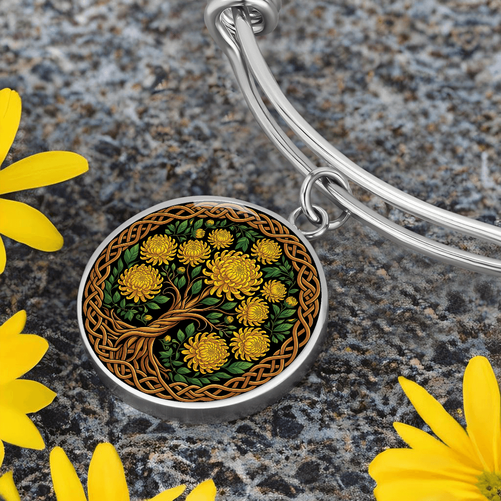 Celtic Tree of Life Pendant Bracelet - Chrysanthemum November Birth Flower Jewelry
