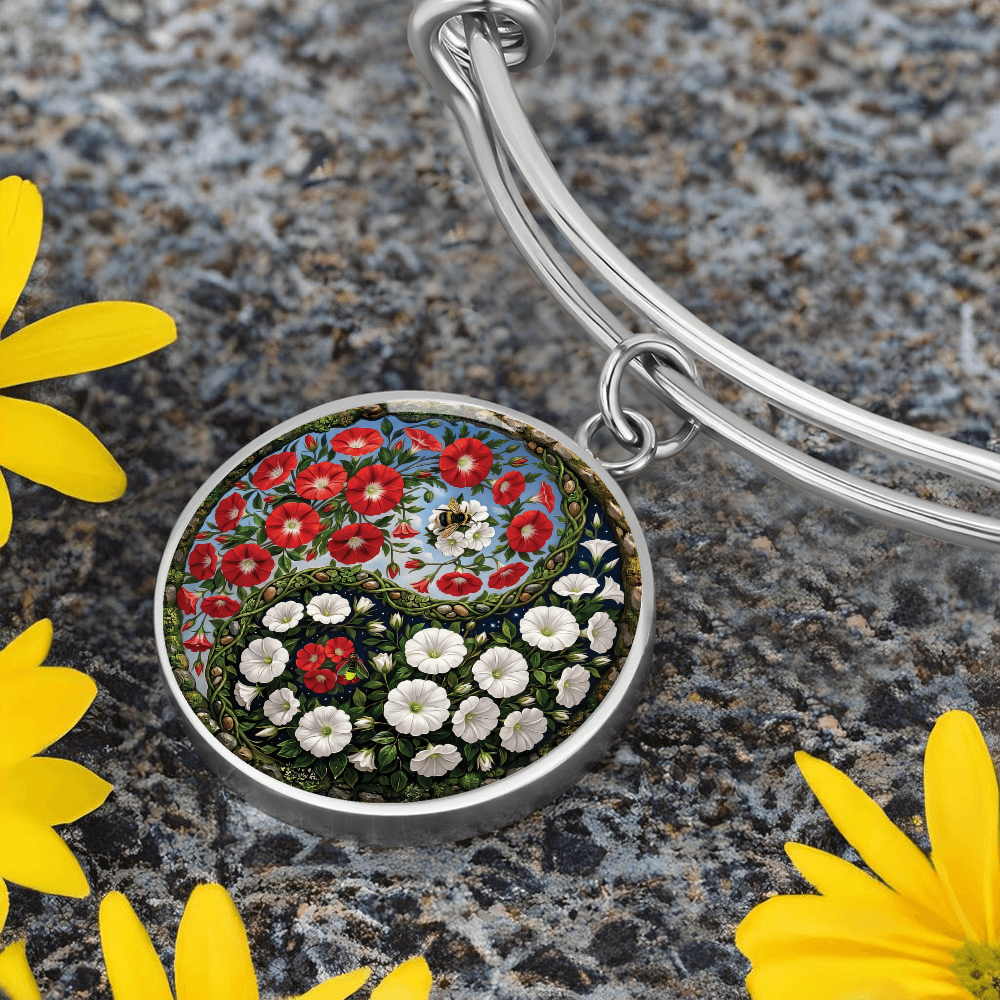 Red and White Morning Glory Yin Yang Bracelet - September Birth Month Flower Pendant Jewelry