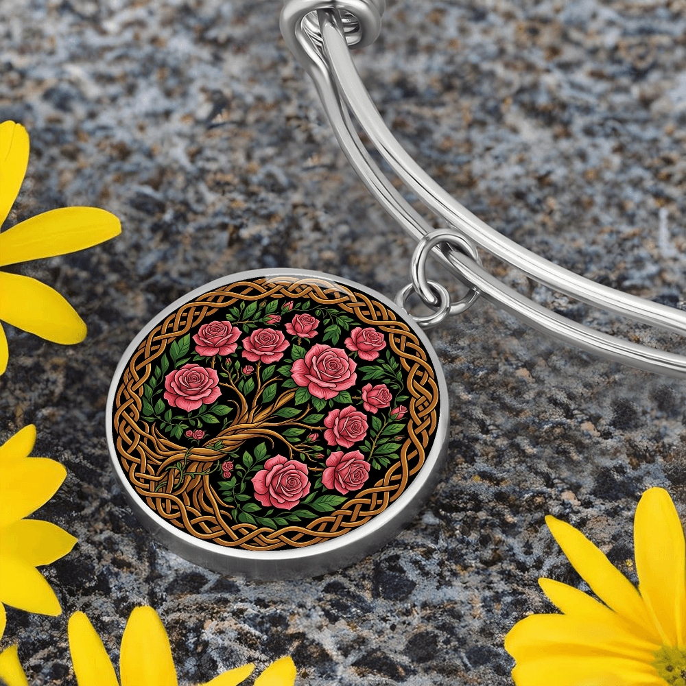Celtic Tree of Life Pendant Bracelet - Rose June Birth Flower Jewelry