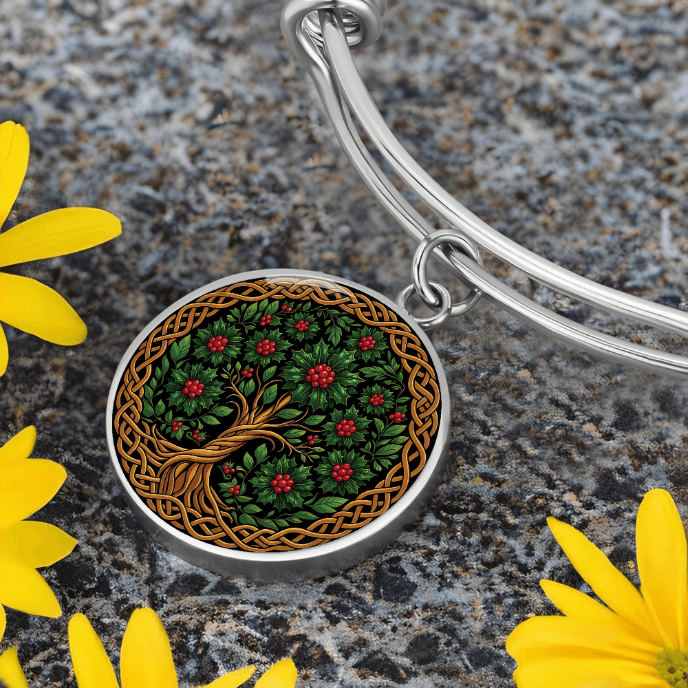 Celtic Tree of Life Pendant Bracelet - Holly December Birth Flower Jewelry