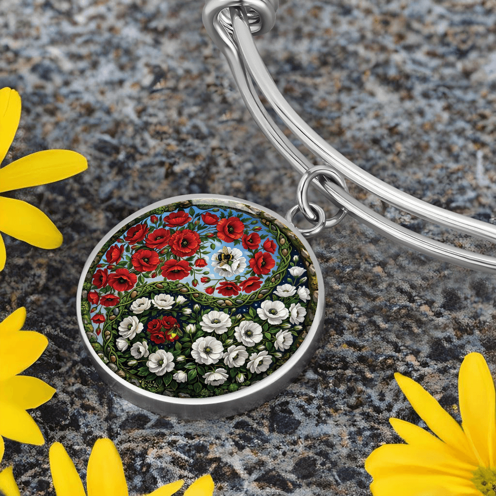 Poppy Yin Yang Bracelet - August Birth Month Flower Pendant Jewelry