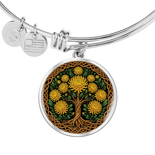 Celtic Tree of Life Pendant Bracelet - Chrysanthemum November Birth Flower Jewelry