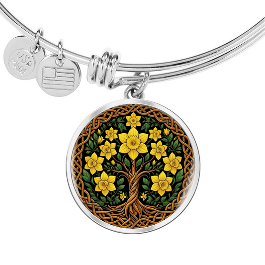 Celtic Tree of Life Pendant Bracelet - Daffodil March Birth Flower Jewelry