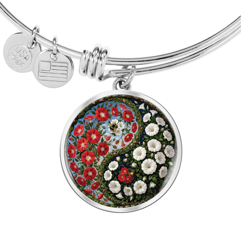Red and White Morning Glory Yin Yang Bracelet - September Birth Month Flower Pendant Jewelry