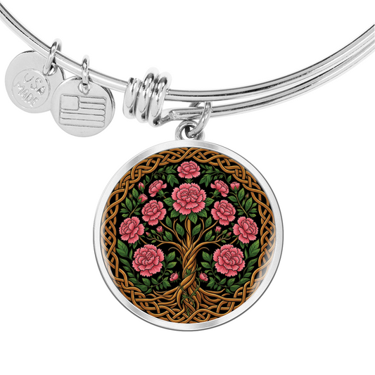 Celtic Tree of Life Pendant Bracelet - Carnation January Birth Flower Jewelry