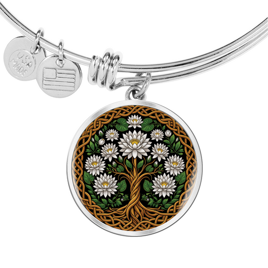 Celtic Tree of Life Pendant Bracelet - Water Lily July Birth Flower Jewelry