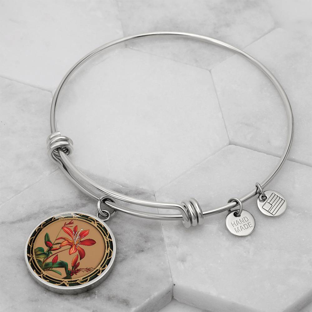 Elegant silver pendant Honeysuckle Bracelet, Junes birth month flower, Colors are Tan, Red, Green and black. This necklace offers personalization with an engraving option for a name.