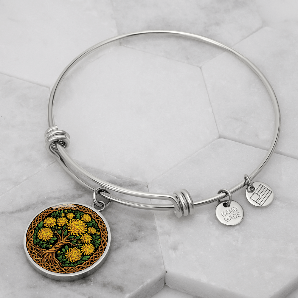 Celtic Tree of Life Pendant Bracelet - Chrysanthemum November Birth Flower Jewelry