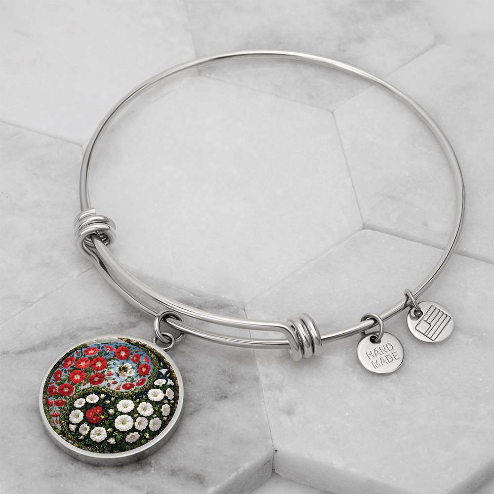 Red and White Morning Glory Yin Yang Bracelet - September Birth Month Flower Pendant Jewelry