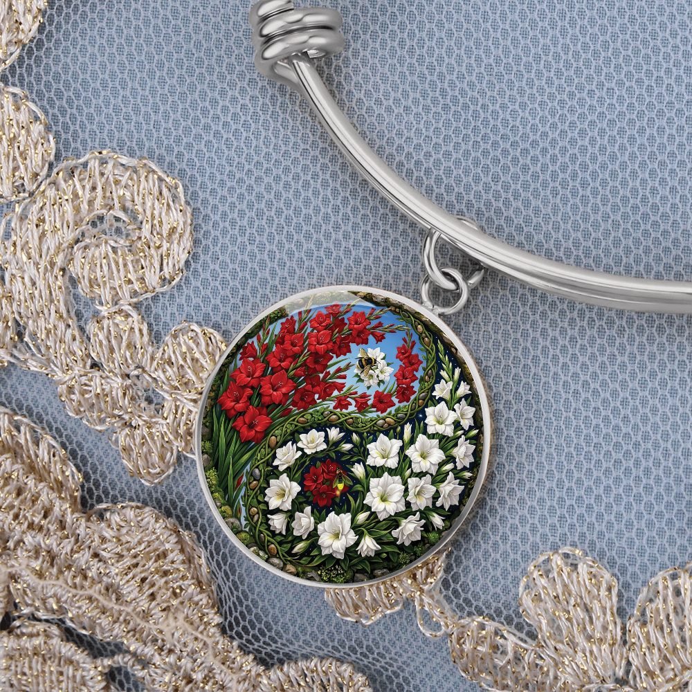 Gladiolus Yin Yang Bracelet - August Birth Month Flower Pendant Jewelry