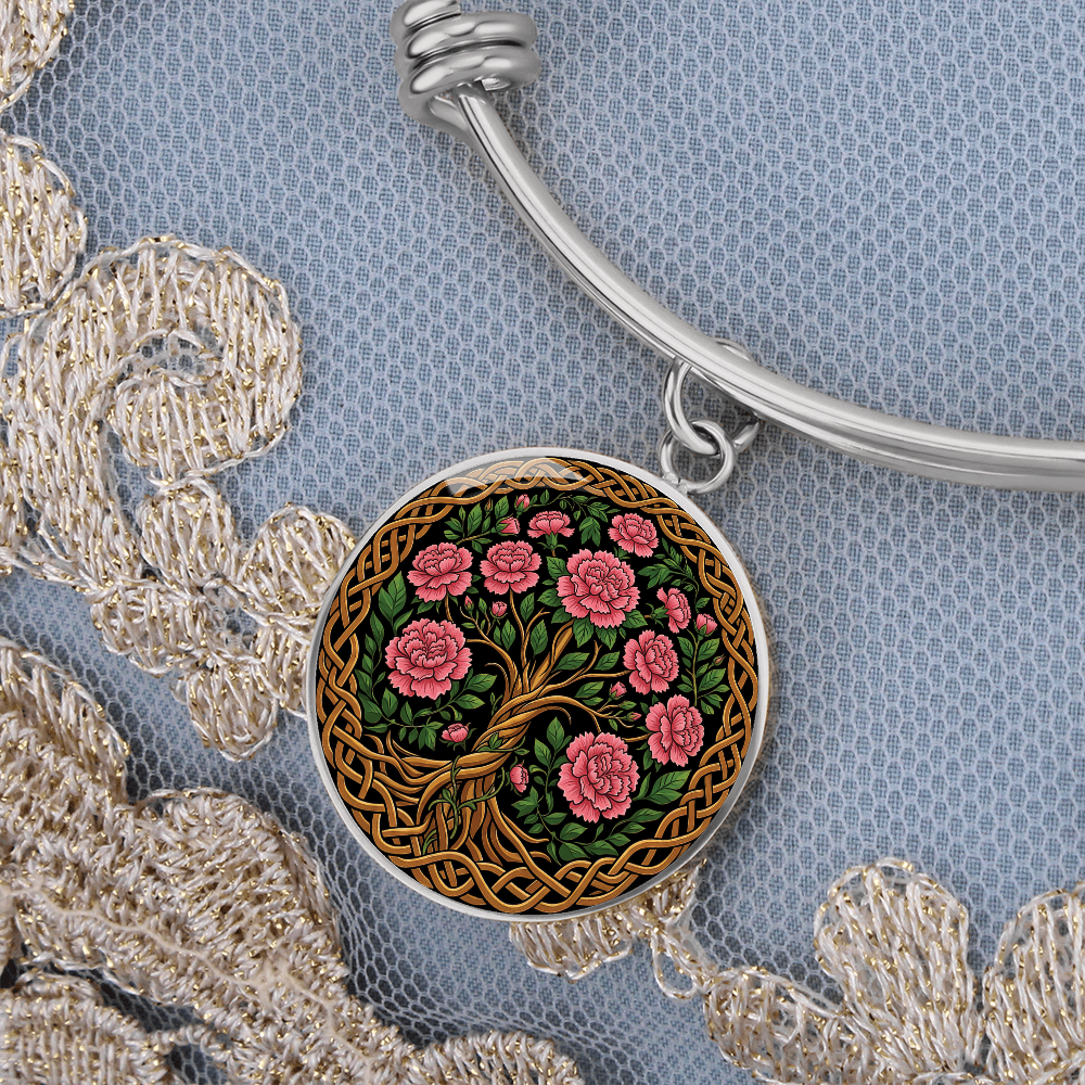 Celtic Tree of Life Pendant Bracelet - Carnation January Birth Flower Jewelry