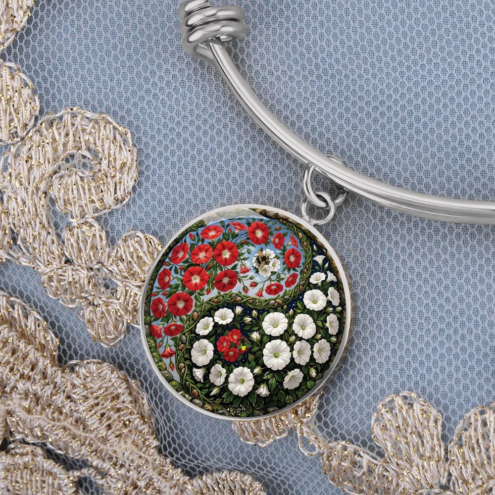 Red and White Morning Glory Yin Yang Bracelet - September Birth Month Flower Pendant Jewelry
