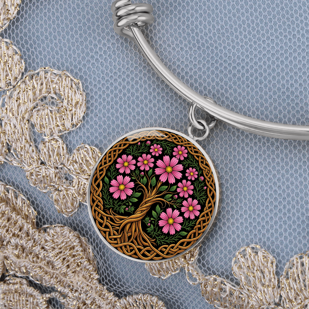Celtic Tree of Life Pendant Bracelet - Cosmos October Birth Flower Jewelry