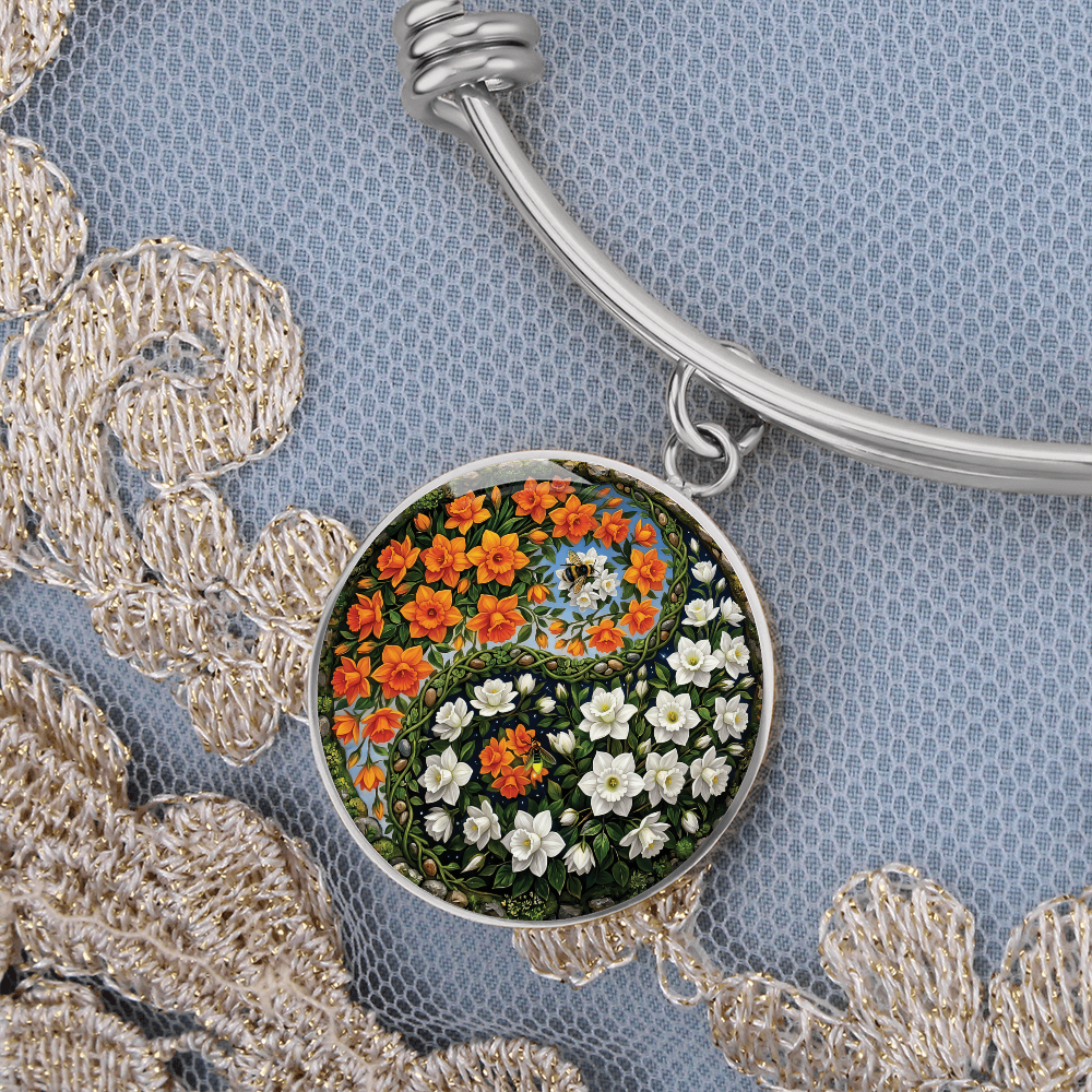 Daffodil Yin Yang Bracelet - March Birth Month Flower Pendant Jewelry