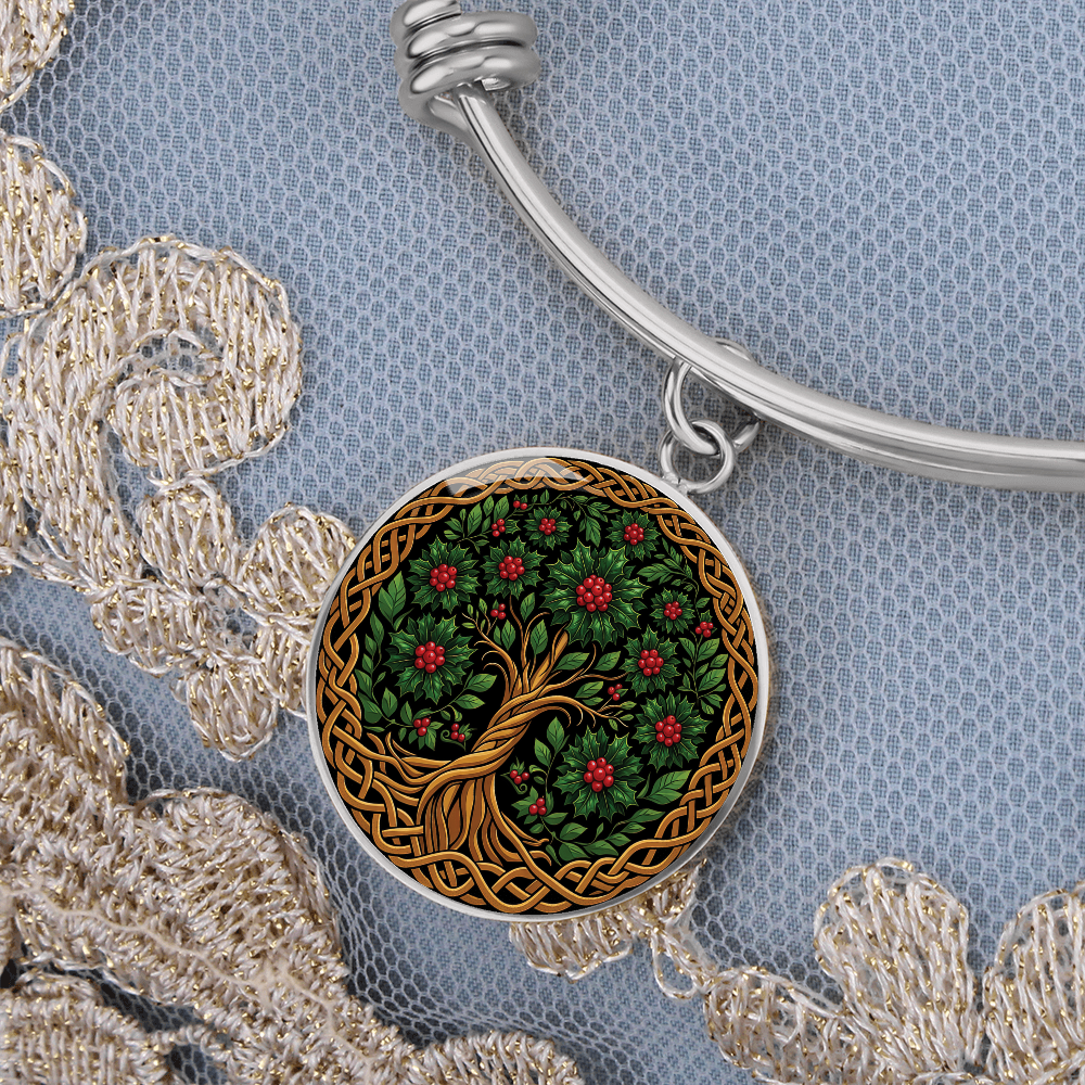 Celtic Tree of Life Pendant Bracelet - Holly December Birth Flower Jewelry