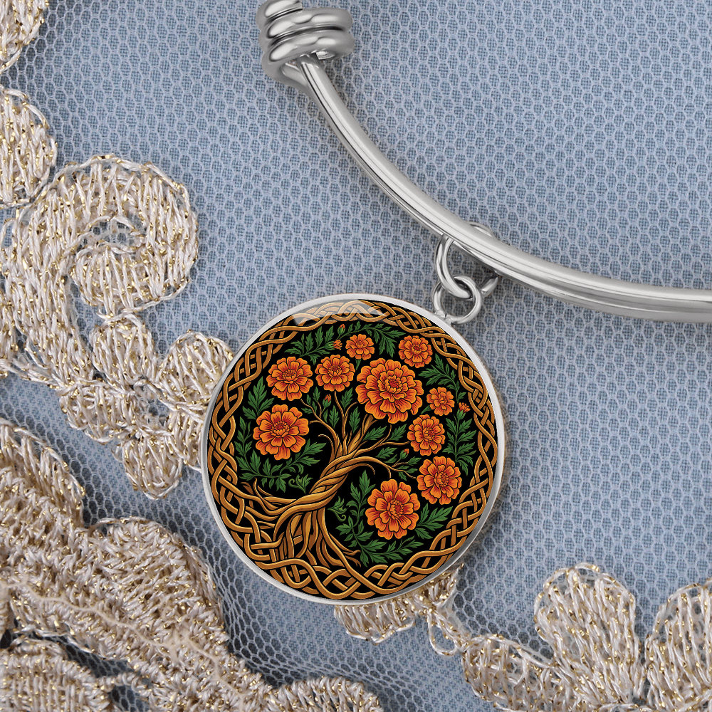 Celtic Tree of Life Pendant Bracelet - Marigold October Birth Flower Jewelry