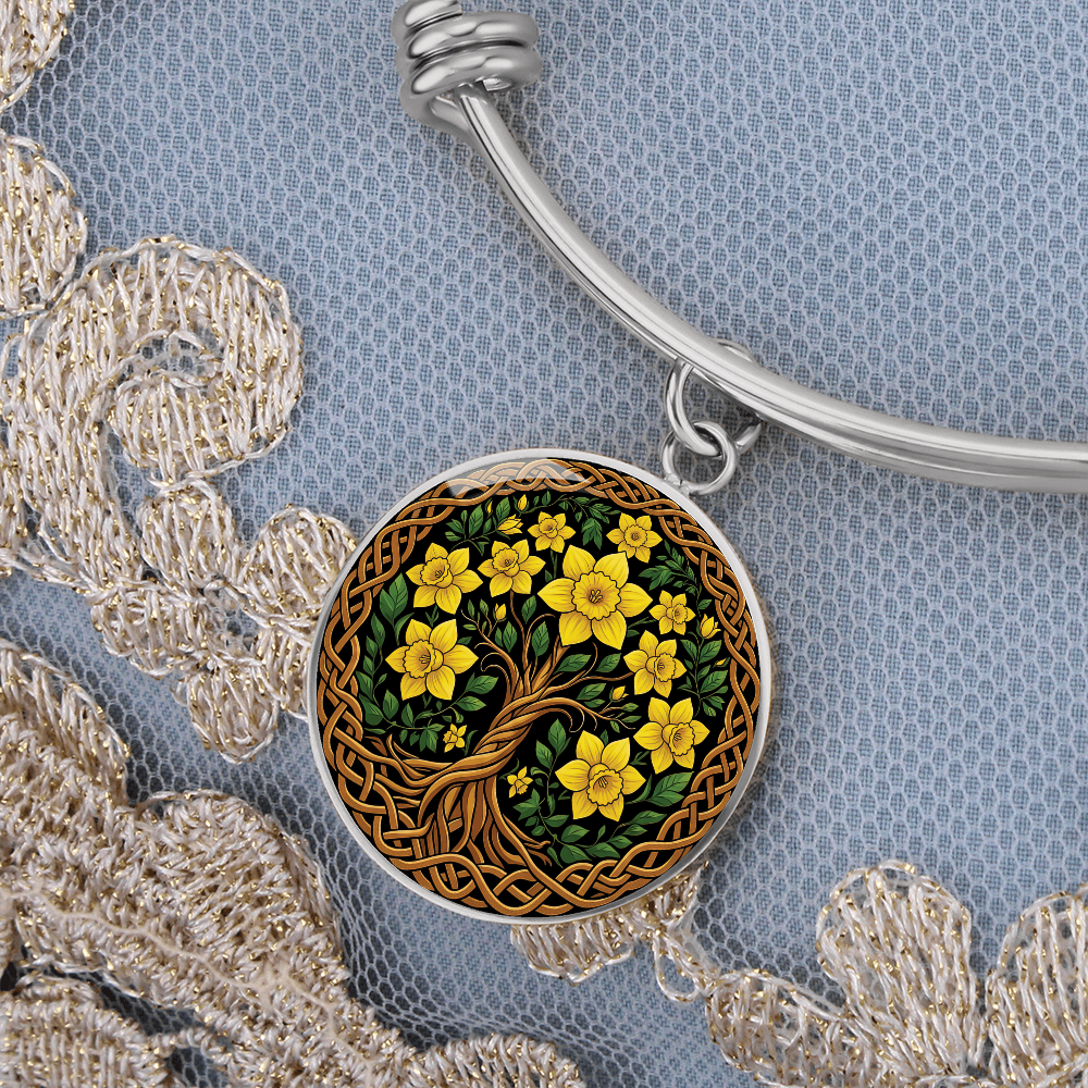 Celtic Tree of Life Pendant Bracelet - Daffodil March Birth Flower Jewelry