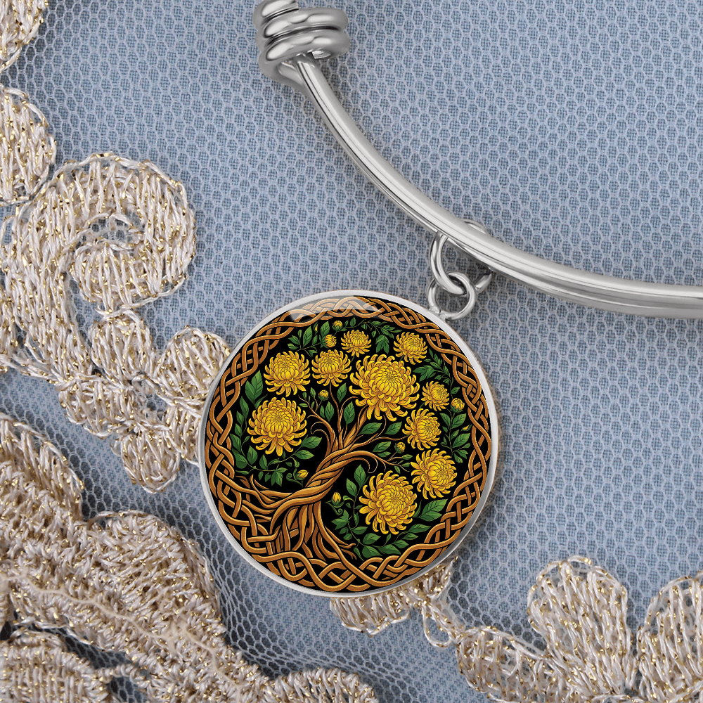 Celtic Tree of Life Pendant Bracelet - Chrysanthemum November Birth Flower Jewelry