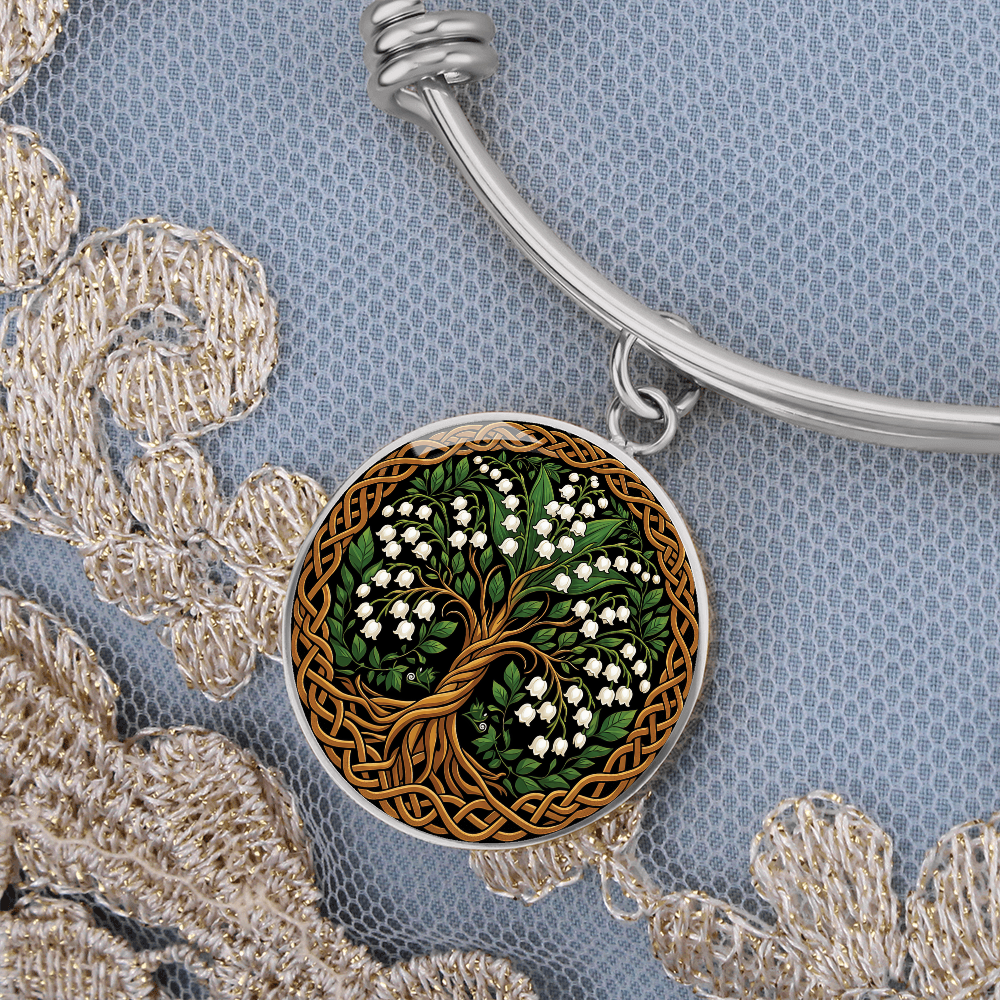 Celtic Tree of Life Pendant Bracelet - Lily of the Valley May Birth Flower Jewelry