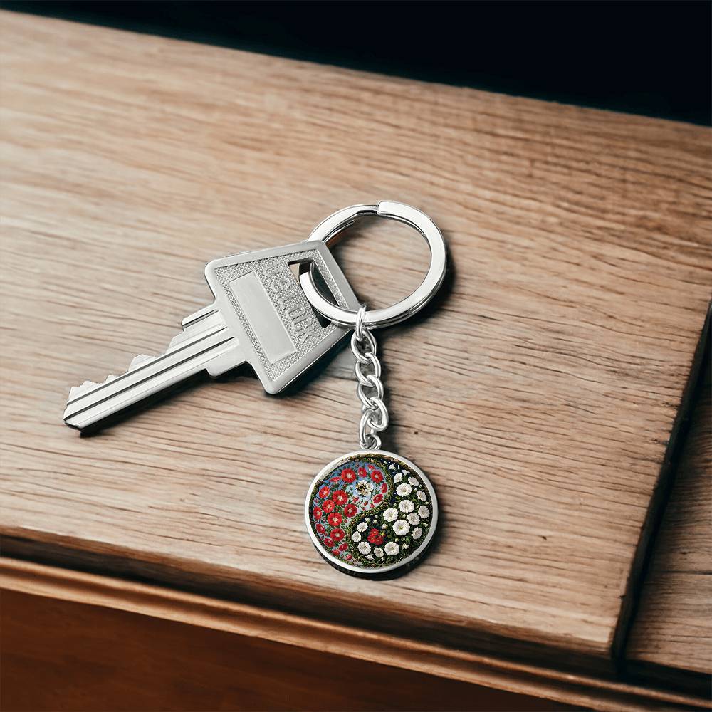 Red and White Morning Glory Yin Yang Keychain - September Birth Month Flower Pendant Jewelry