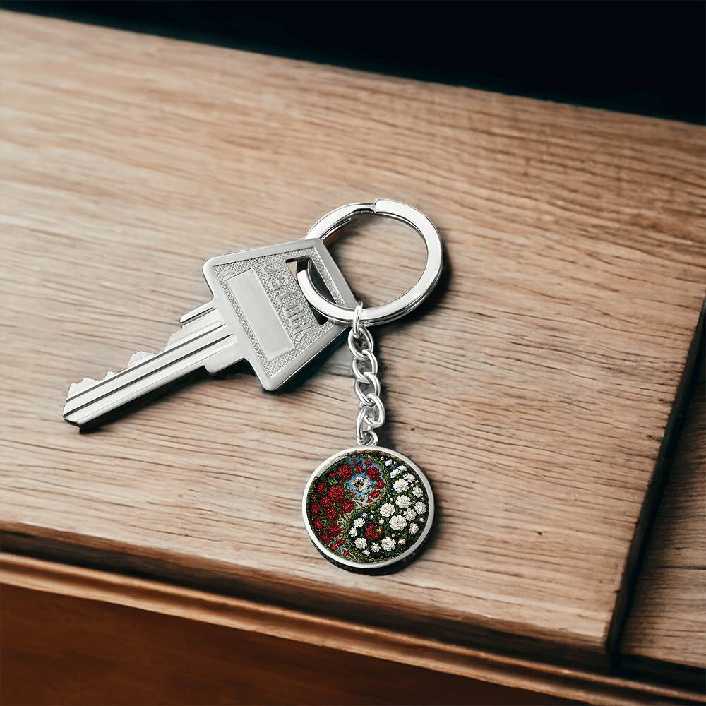 Carnation Yin Yang Keychain - January Birth Month Flower Pendant Jewelry