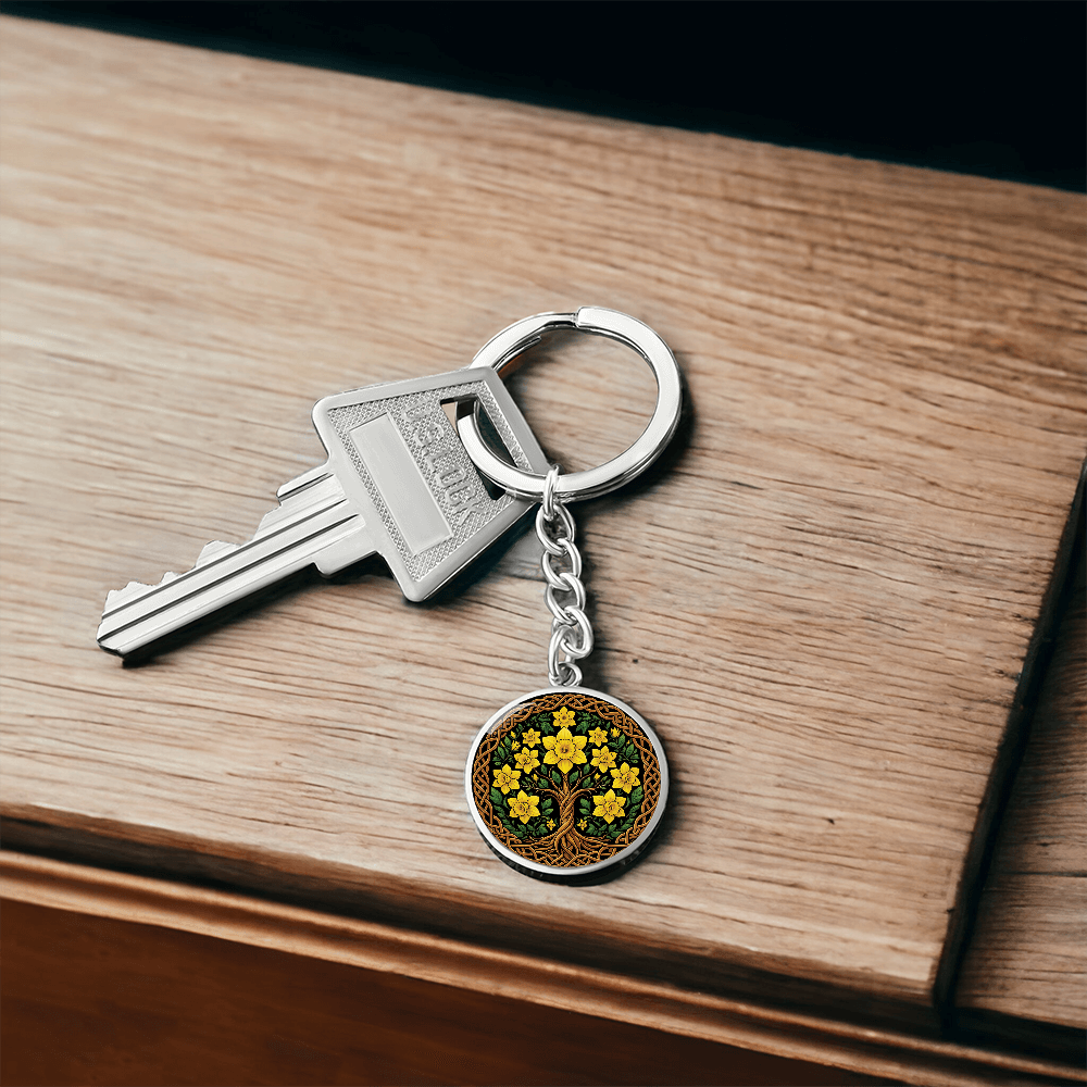 Celtic Tree of Life Pendant Keychain - Daffodil March Birth Flower Jewelry