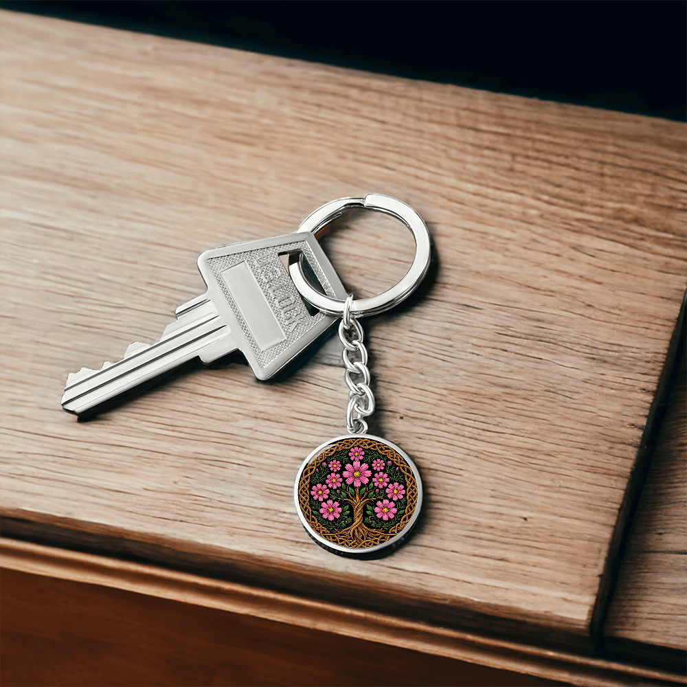 Celtic Tree of Life Pendant Keychain - Cosmos October Birth Flower Jewelry