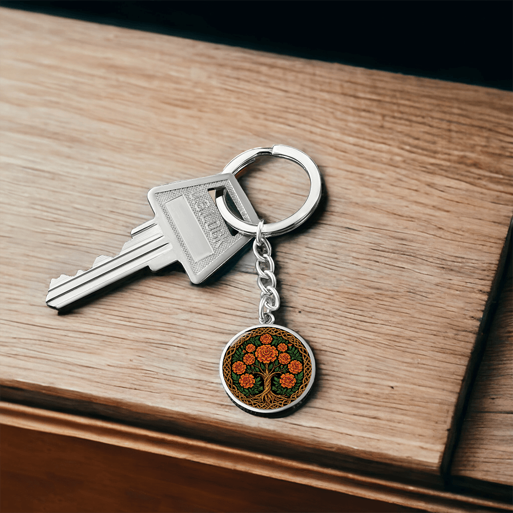 Celtic Tree of Life Pendant Keychain - Marigold October Birth Flower Jewelry