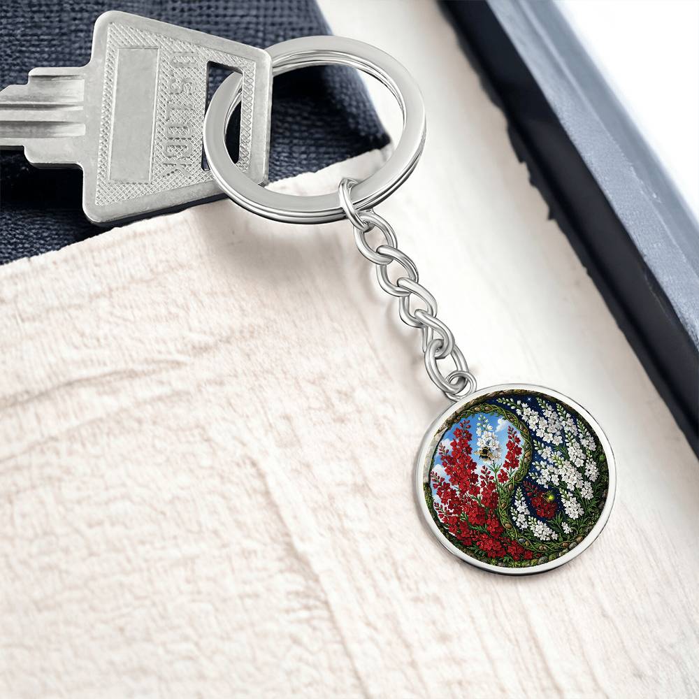 Larkspur Yin Yang Keychain - July Birth Month Flower Pendant Jewelry