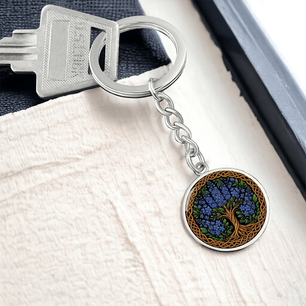 Celtic Tree of Life Pendant Keychain - Larkspur July Birth Flower Jewelry