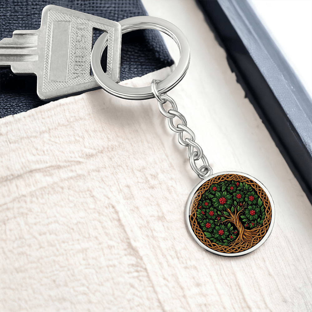Celtic Tree of Life Pendant Keychain - Holly December Birth Flower Jewelry