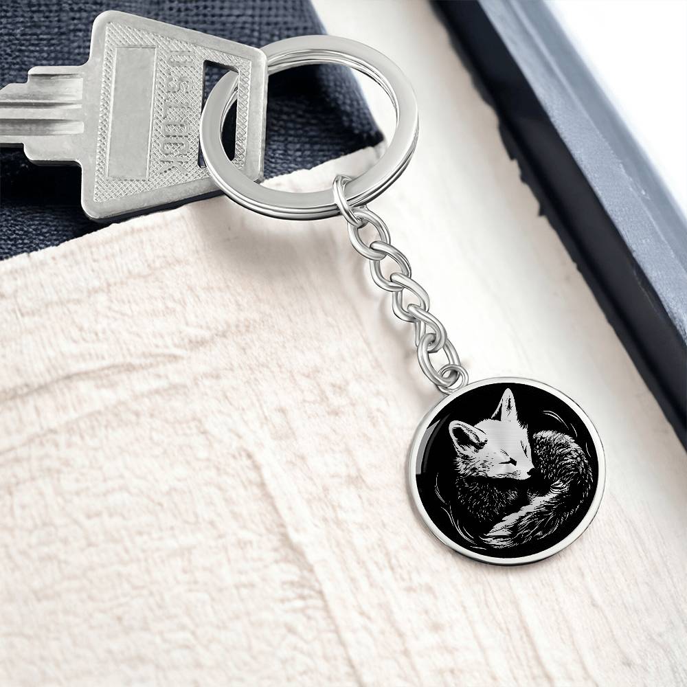 Elegant Silver pendant featuring a Personalized Fox Keychain, With a silver Fox Set against a black background. This jewelry offers Customization with an engraving option for a name.