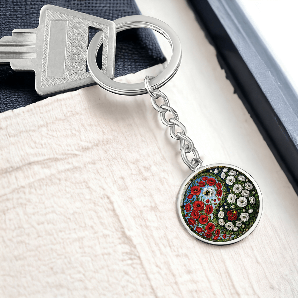 Poppy Yin Yang Keychain - August Birth Month Flower Pendant Jewelry