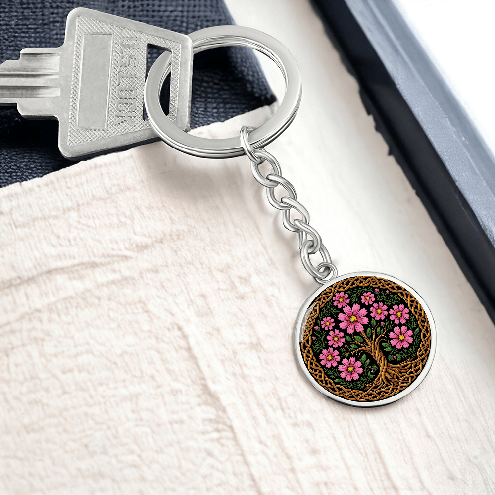 Celtic Tree of Life Pendant Keychain - Cosmos October Birth Flower Jewelry