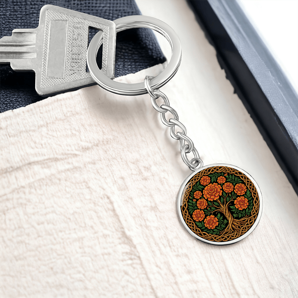 Celtic Tree of Life Pendant Keychain - Marigold October Birth Flower Jewelry