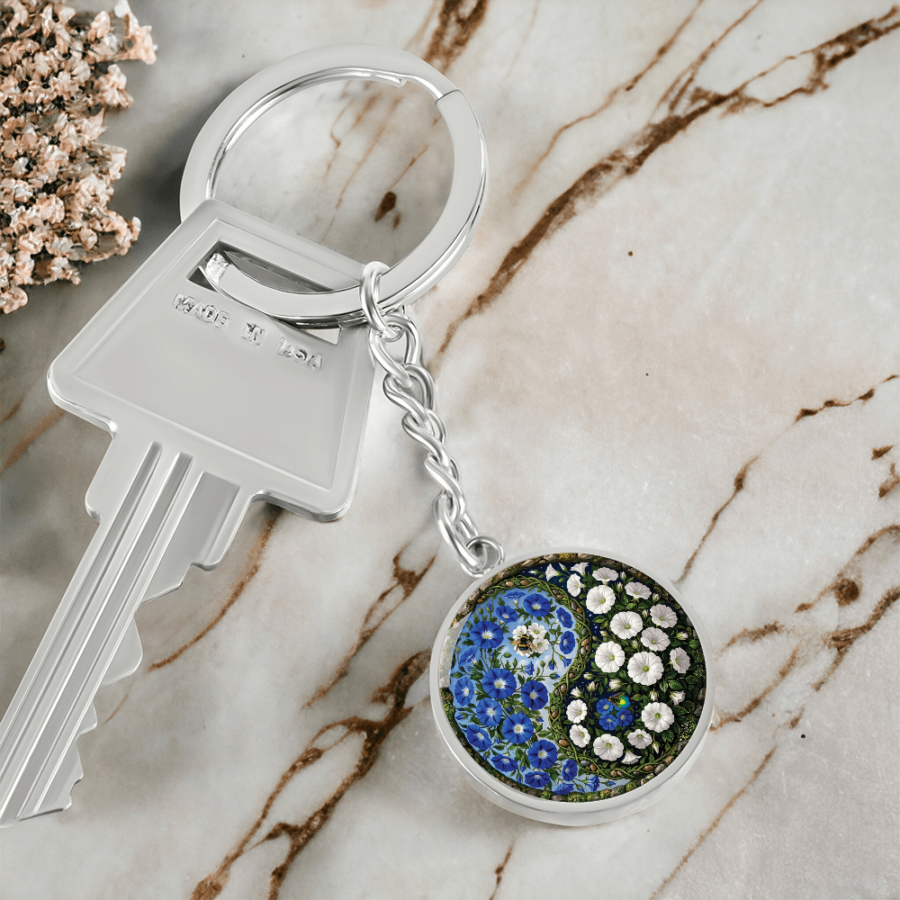 Morning Glory Yin Yang Keychain - September Birth Month Flower Pendant Jewelry