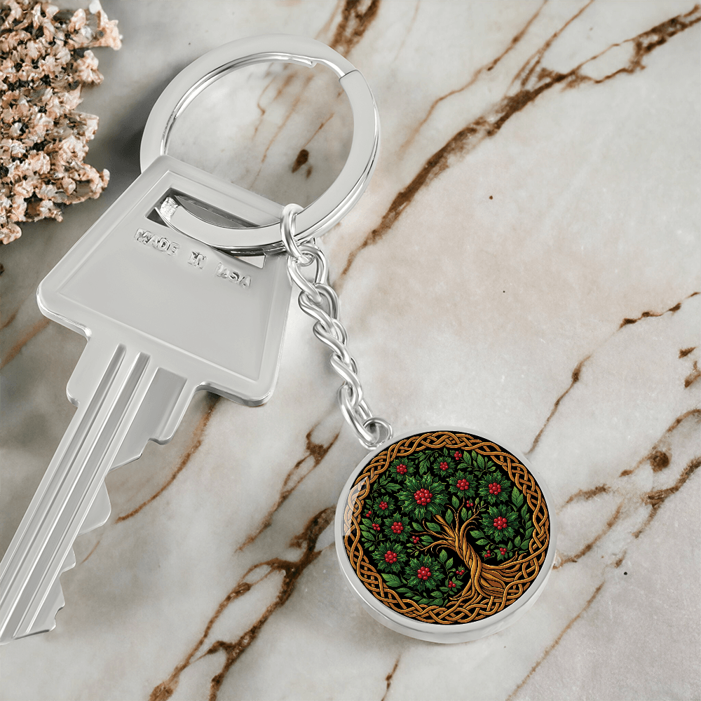 Celtic Tree of Life Pendant Keychain - Holly December Birth Flower Jewelry