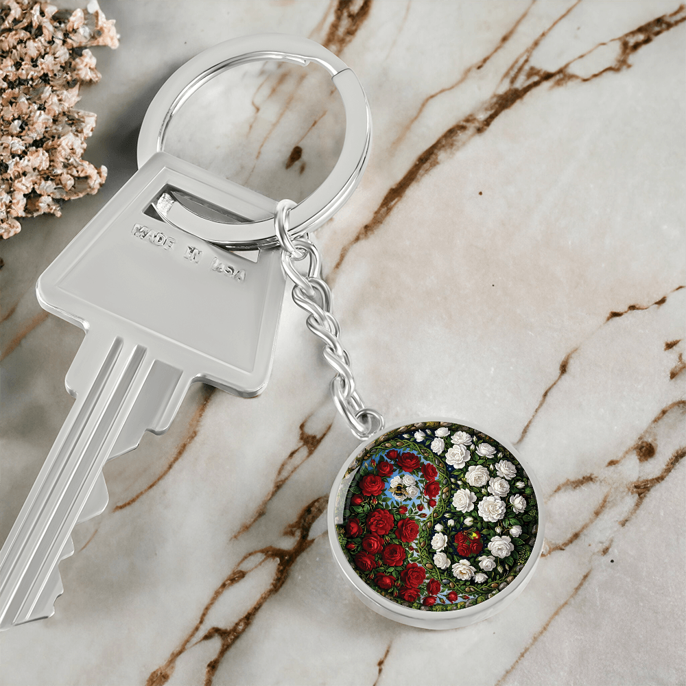 Rose Yin Yang Keychain - June Birth Month Flower Pendant Jewelry