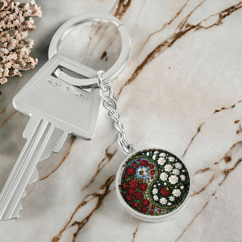 Carnation Yin Yang Keychain - January Birth Month Flower Pendant Jewelry