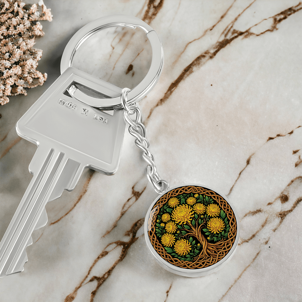 Celtic Tree of Life Pendant Keychain - Chrysanthemum November Birth Flower Jewelry