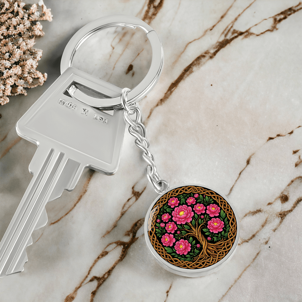 Celtic Tree of Life Pendant Keychain - Peony November Birth Flower Jewelry