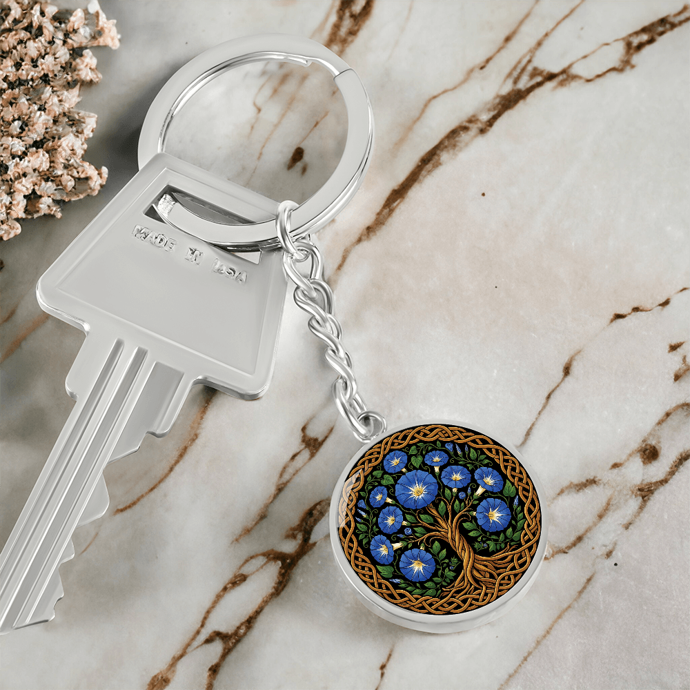 Celtic Tree of Life Pendant Keychain - Morning Glory September Birth Flower Jewelry