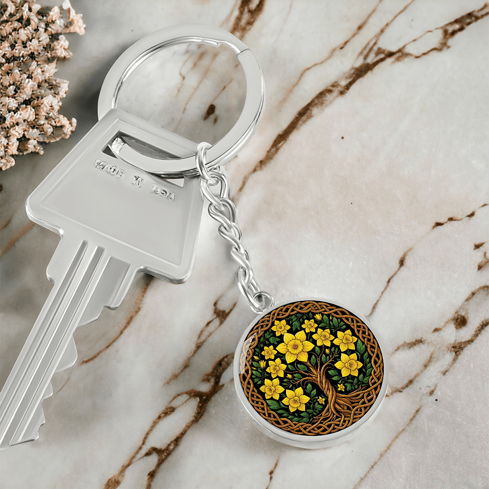 Celtic Tree of Life Pendant Keychain - Daffodil March Birth Flower Jewelry