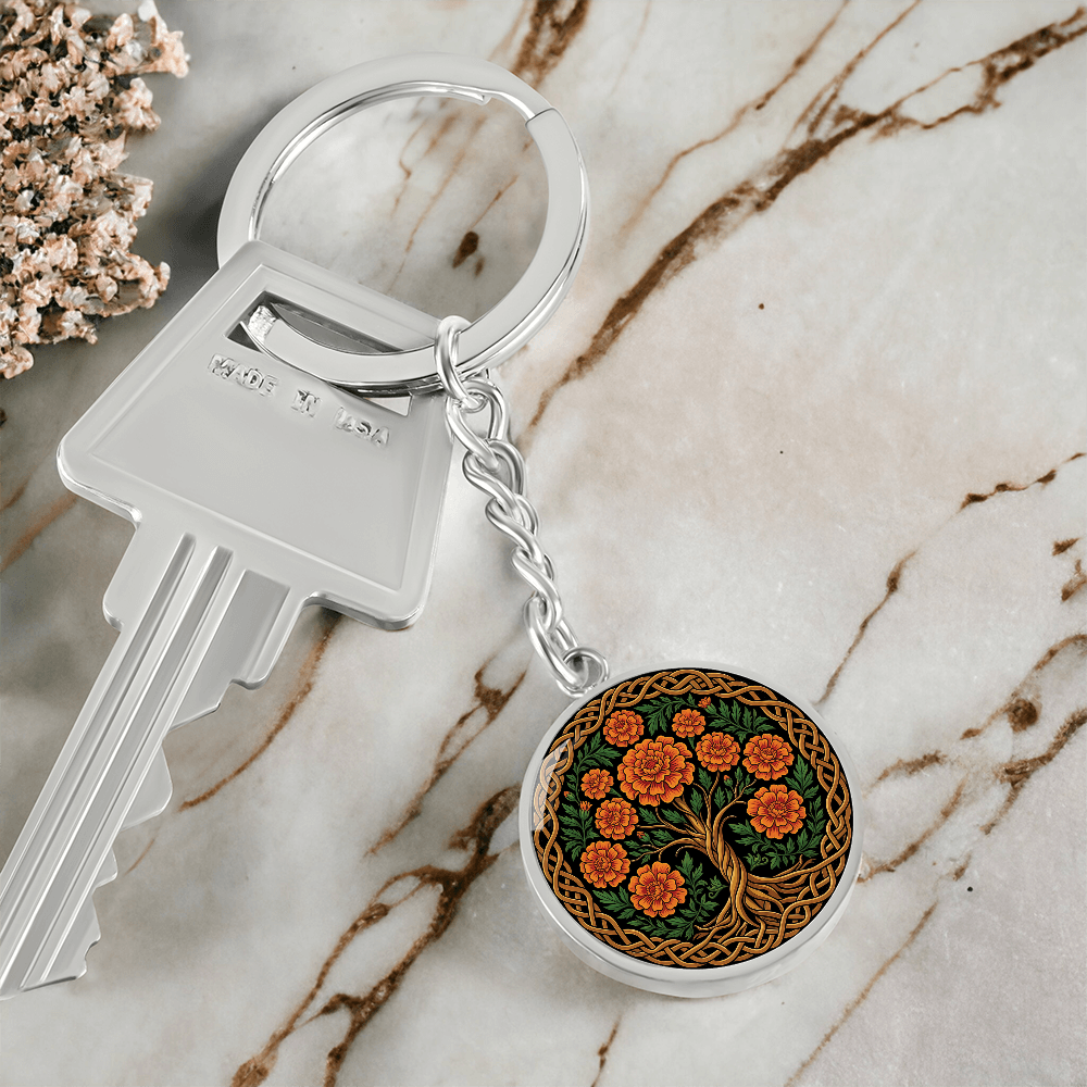 Celtic Tree of Life Pendant Keychain - Marigold October Birth Flower Jewelry